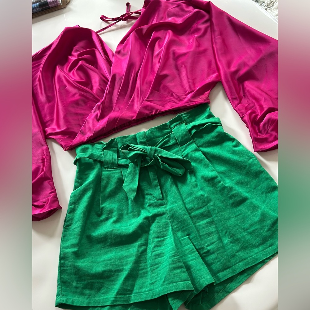 fab'rik High Waist Green Shorts with Sash - Picture 7 of 12
